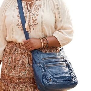 Crossbody Bag Brass Stud Hardware Messenger Boho Chic Blue Purse Studded Detail